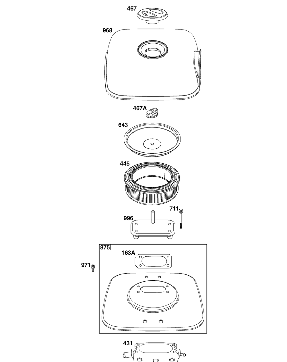 Air Cleaner Group Diagram and Parts List for 61G477-0008-J1  Briggs and Stratton Engine